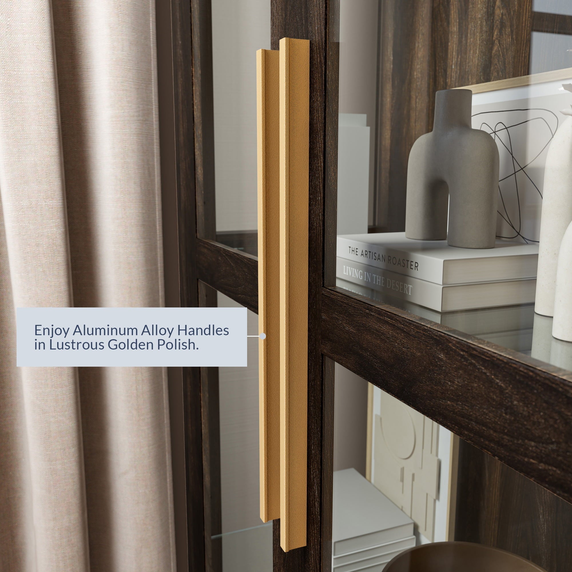 BELLEZE Tall Display Cabinet with Tempered Glass Doors - Modern Storage Bookshelf for Living Room & Bedroom, Wood Finish