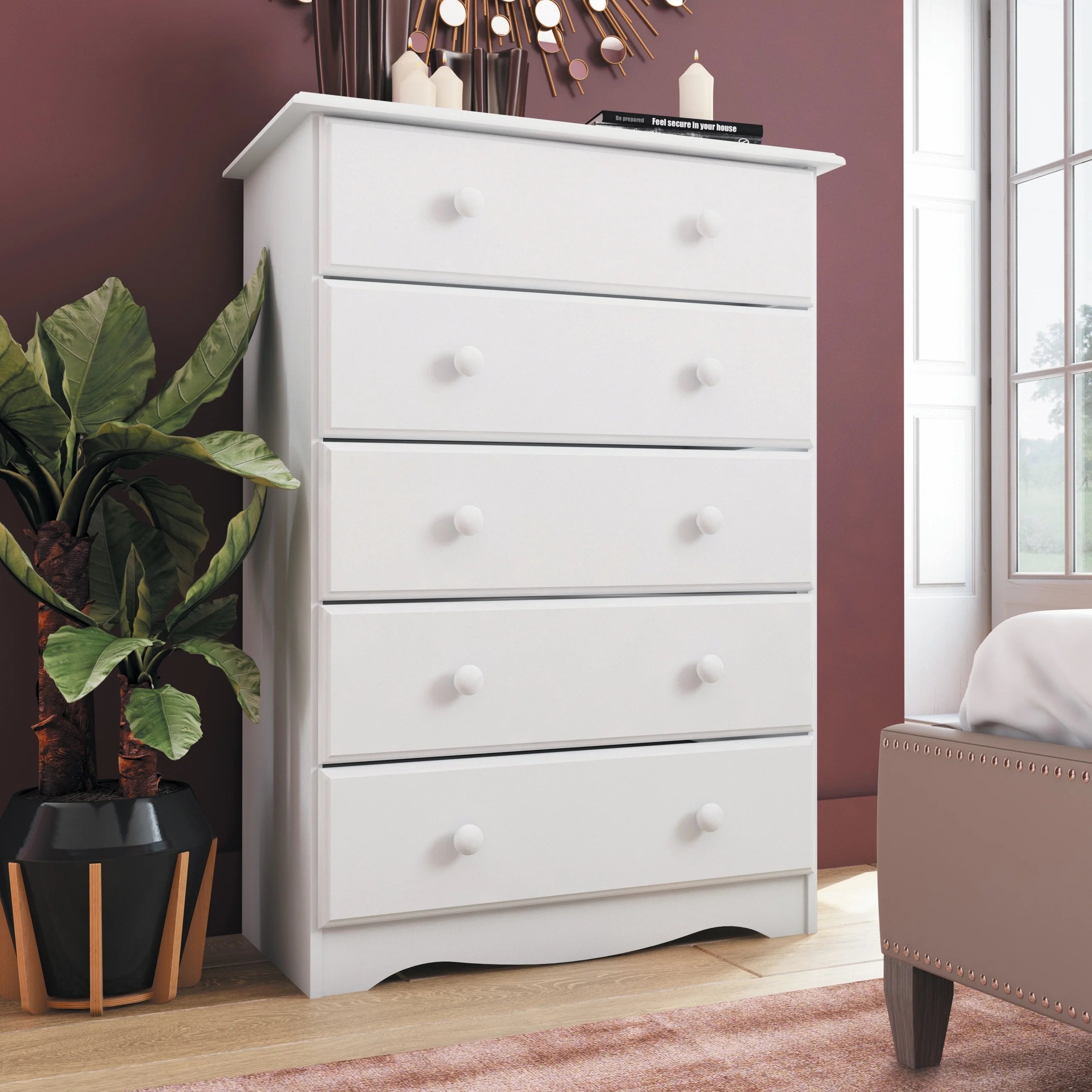 Palace Imports  100% Solid Wood 5-Drawer Chest with Metal or Wooden Knobs Honey Pine Stained Medium Wood
