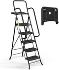 HBTower Folding 5-Step Ladder, 330lbs, with Handrails and Tool Tray and Anti-Slip Pedal, Black