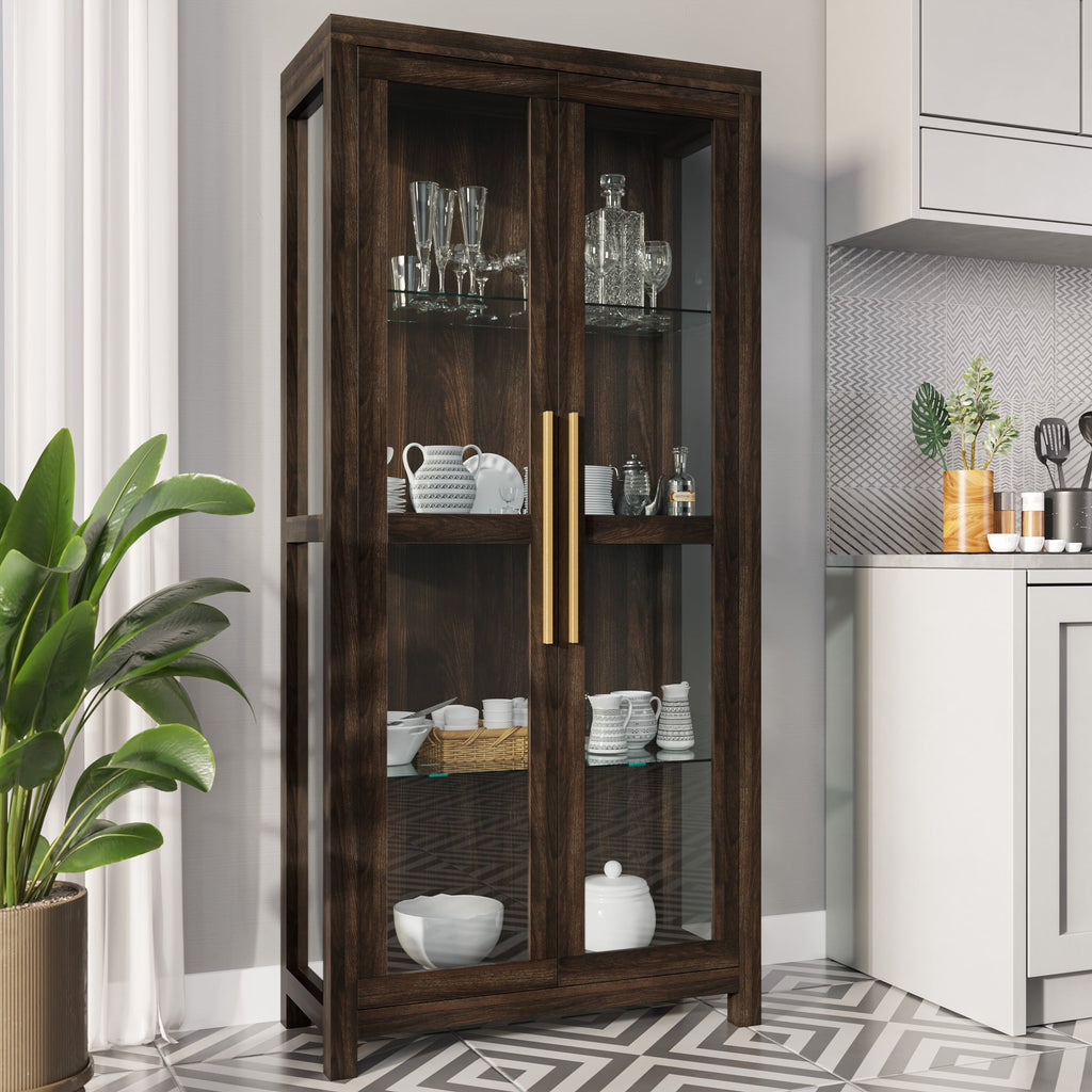 BELLEZE Tall Display Cabinet with Tempered Glass Doors - Modern Storage Bookshelf for Living Room & Bedroom, Wood Finish