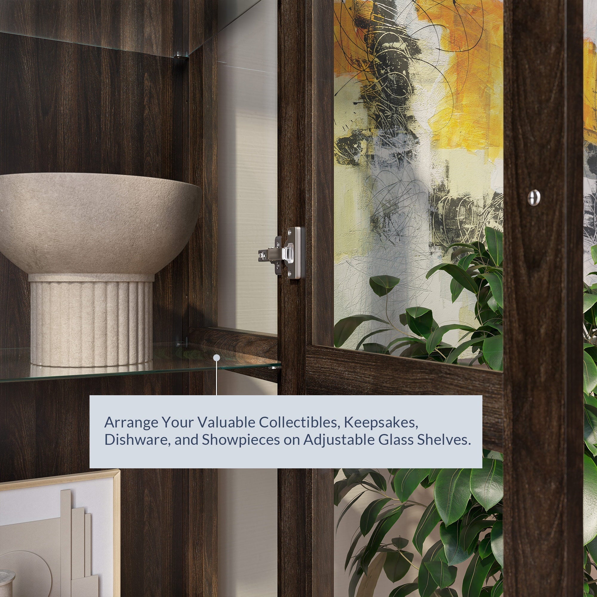 BELLEZE Tall Display Cabinet with Tempered Glass Doors - Modern Storage Bookshelf for Living Room & Bedroom, Wood Finish
